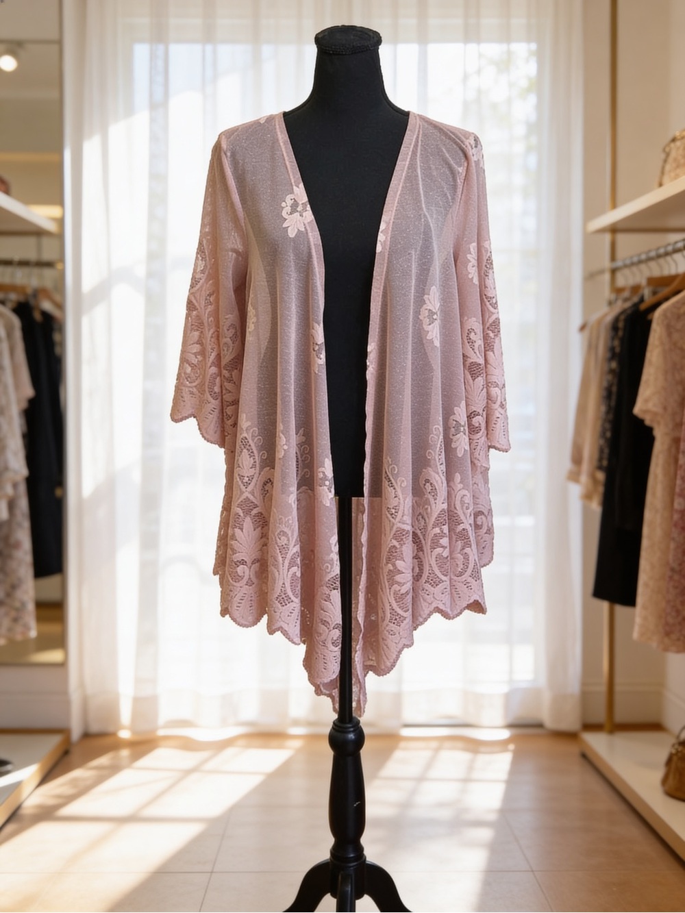 Sheer Pink Lace Floral Kimono - Like New! See Video!